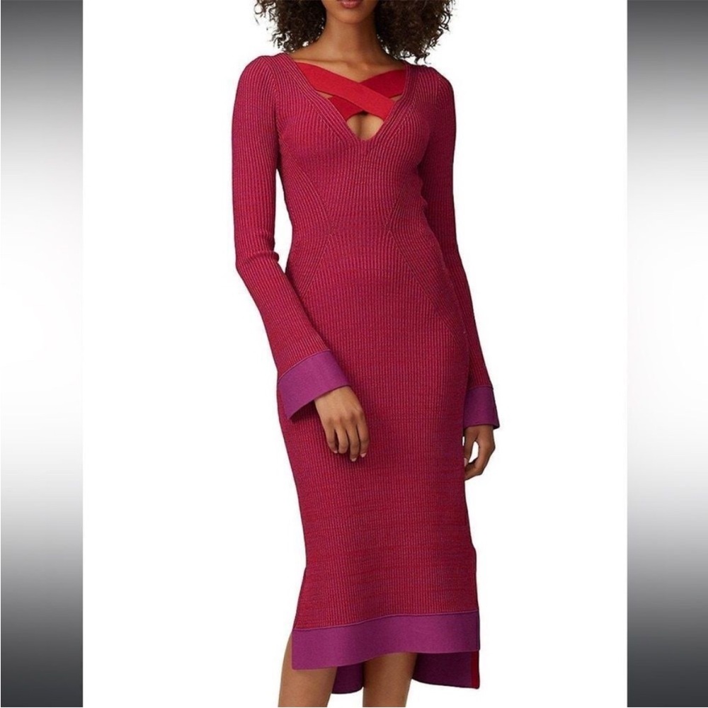 Hervé Léger Criss Cross Contrast High Low Sheath Ribbed Stretch Dress M